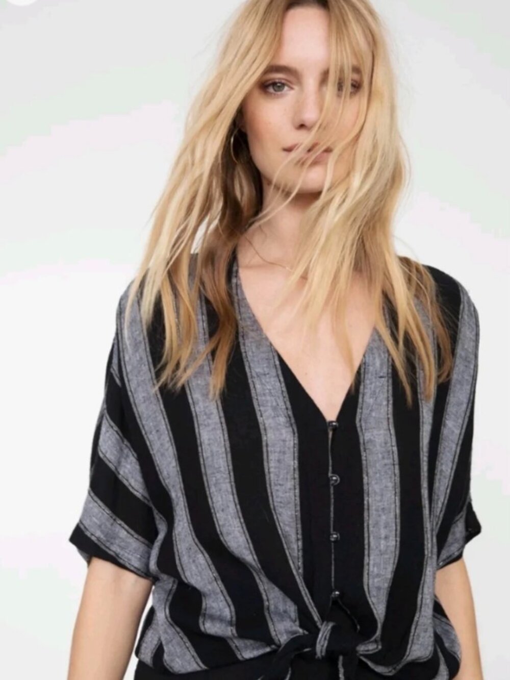 Rails Large Linen Thea Button Down Short Sleeve V Neck Striped Front Tie Top
